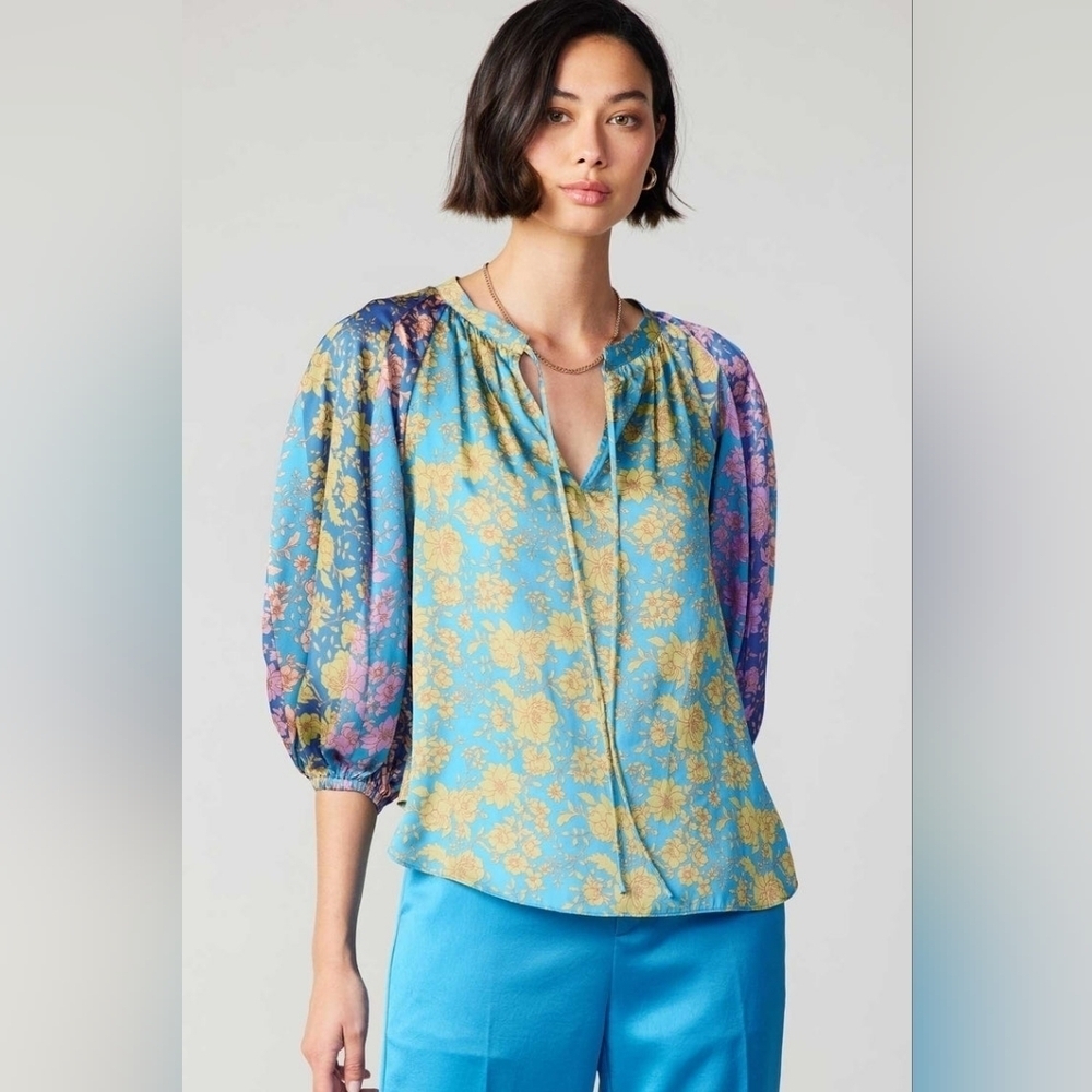 Current Air Floral Colorblock Cuffed Blouse
